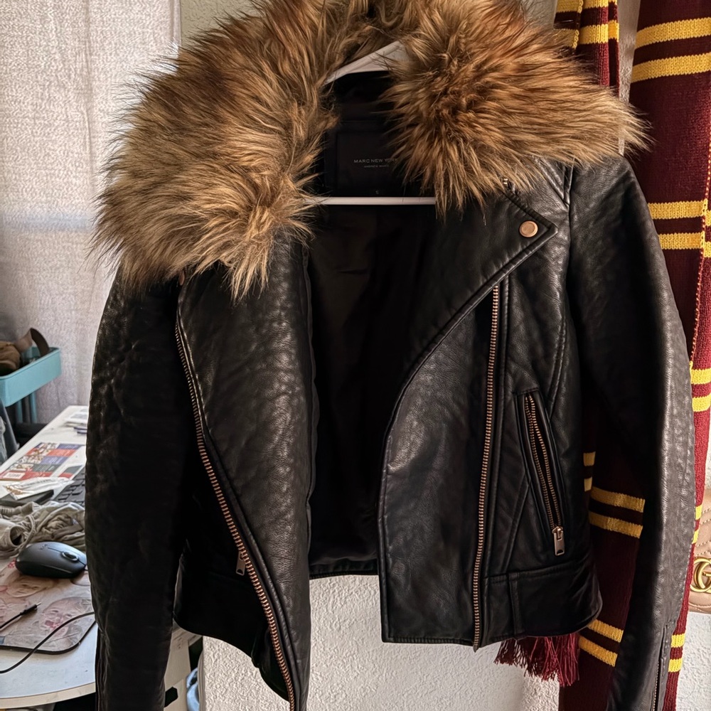 Marc New York Black Leather Jacket with Brown Faux Fur Collar